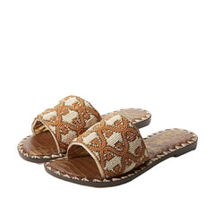 Sam Edelman Gunner Natural Multi Slip On Open Rounded Toe Fringe Beads Sandals