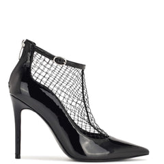 Nine West Fishnet Black Patent Pointed Toe Stiletto Heel Ankle Strap Pumps