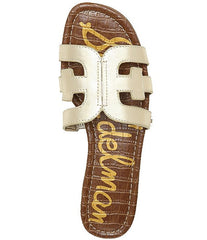 Sam Edelman Bay Gold Rounded Open Toe Slip On Leather Strap Flat Slide Sandals