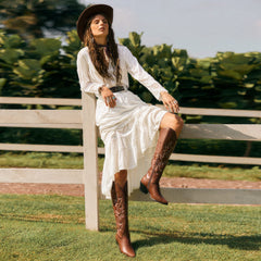Brown Cowboy Brown Western Chunky Pointed Toe Zip Knee Platform Knee Boots 8