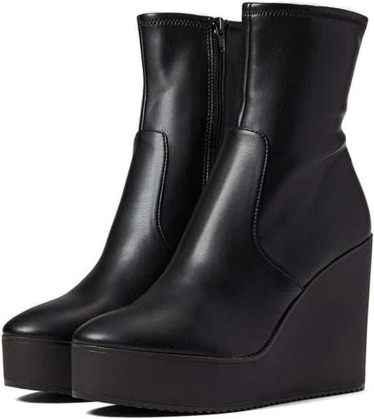 Steve Madden Witness Black Chunky Wedge Platform Round Toe Fashion Ankle Boots
