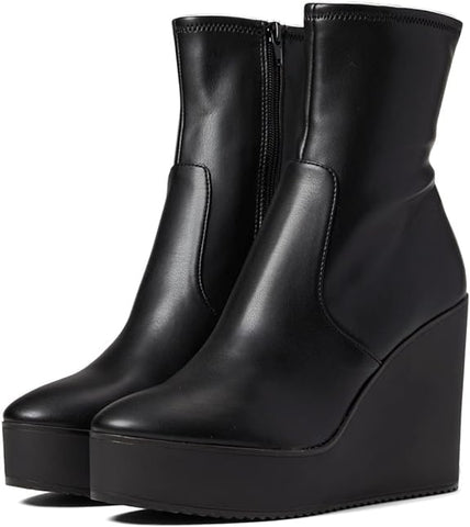 Steve Madden Witness Black Chunky Wedge Platform Round Toe Fashion Ankle Boots
