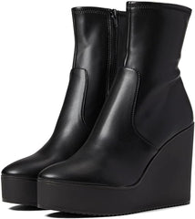Steve Madden Witness Black Chunky Wedge Platform Round Toe Fashion Ankle Boots