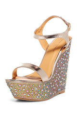 Lauren Lorraine Pari Gold Multi Pu Platform Wedge Ankle Strap Rhinestone Sandals