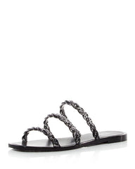 Schutz Dyana Flats Rounded-Toe Embellished Slides Sandals Sandstone Black