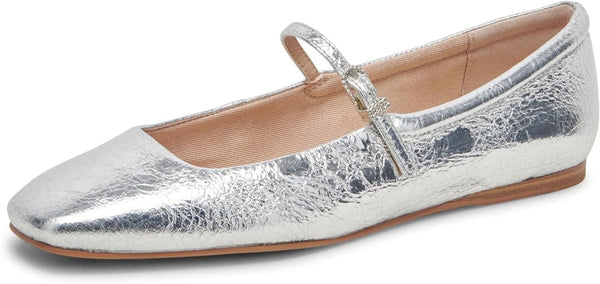 Dolce Vita Reyes Silver Distressed Leather Mary Jane Square Toe Wide Ballet Flat