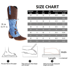 Cozivwaiy Women Denim Cowboy Boots Patchwork Knee High Boots Colorblock Western Cowgirl Mid Calf Jeans Shoes Pointed Toe Chunky Heel Pull On