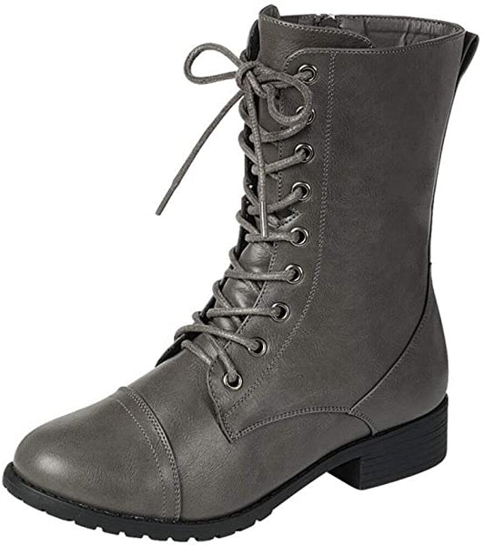 Forever Link Grey Round Toe Military Lace up Combat Boots