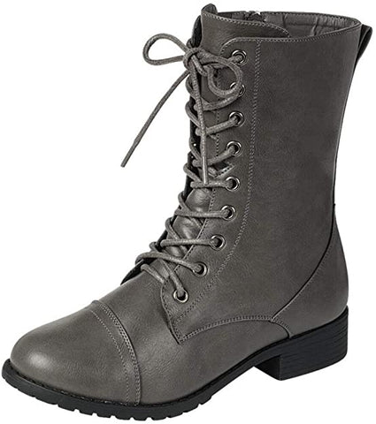 Forever Link Grey Round Toe Military Lace up Combat Boots